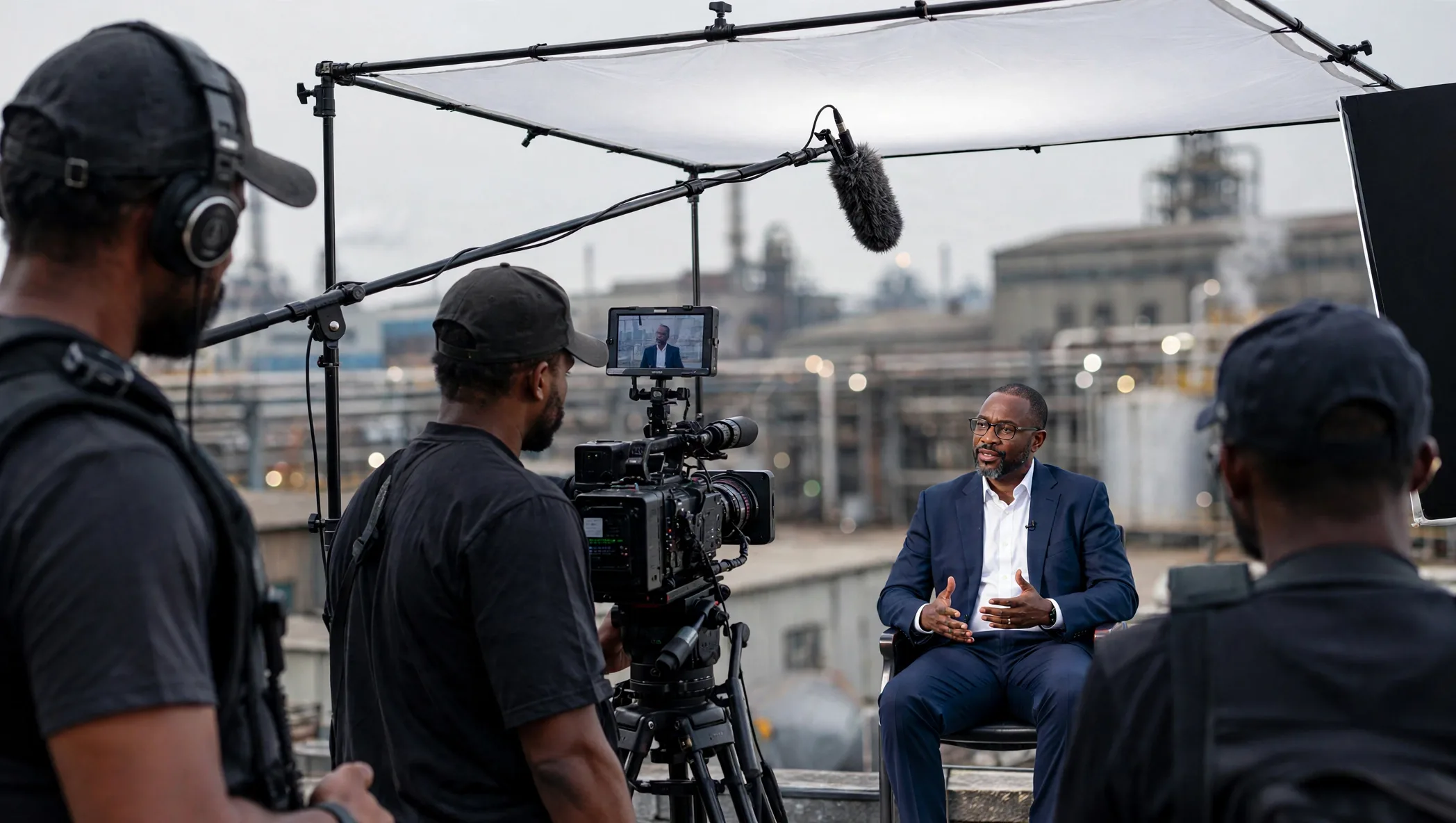 Production crew filming on location in Lagos, Nigeria for an international brand