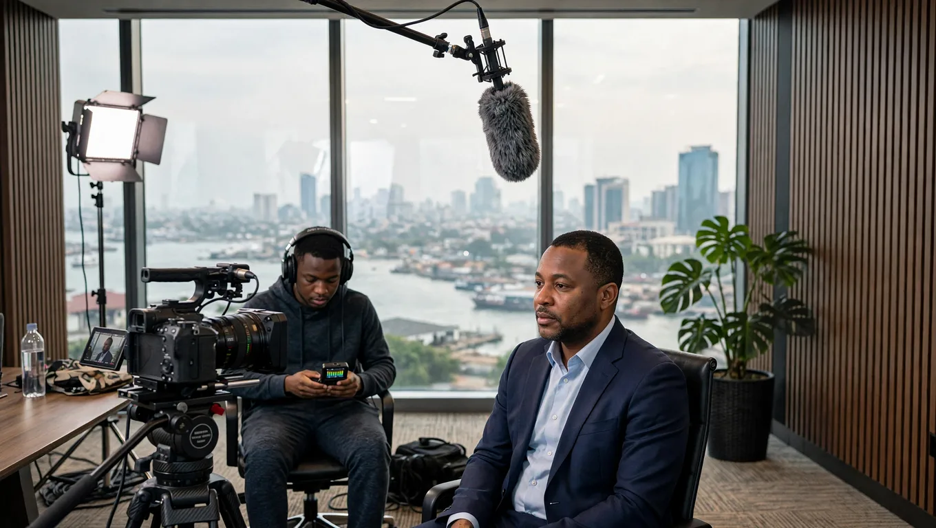 Professional audio recording equipment being monitored during a corporate video shoot