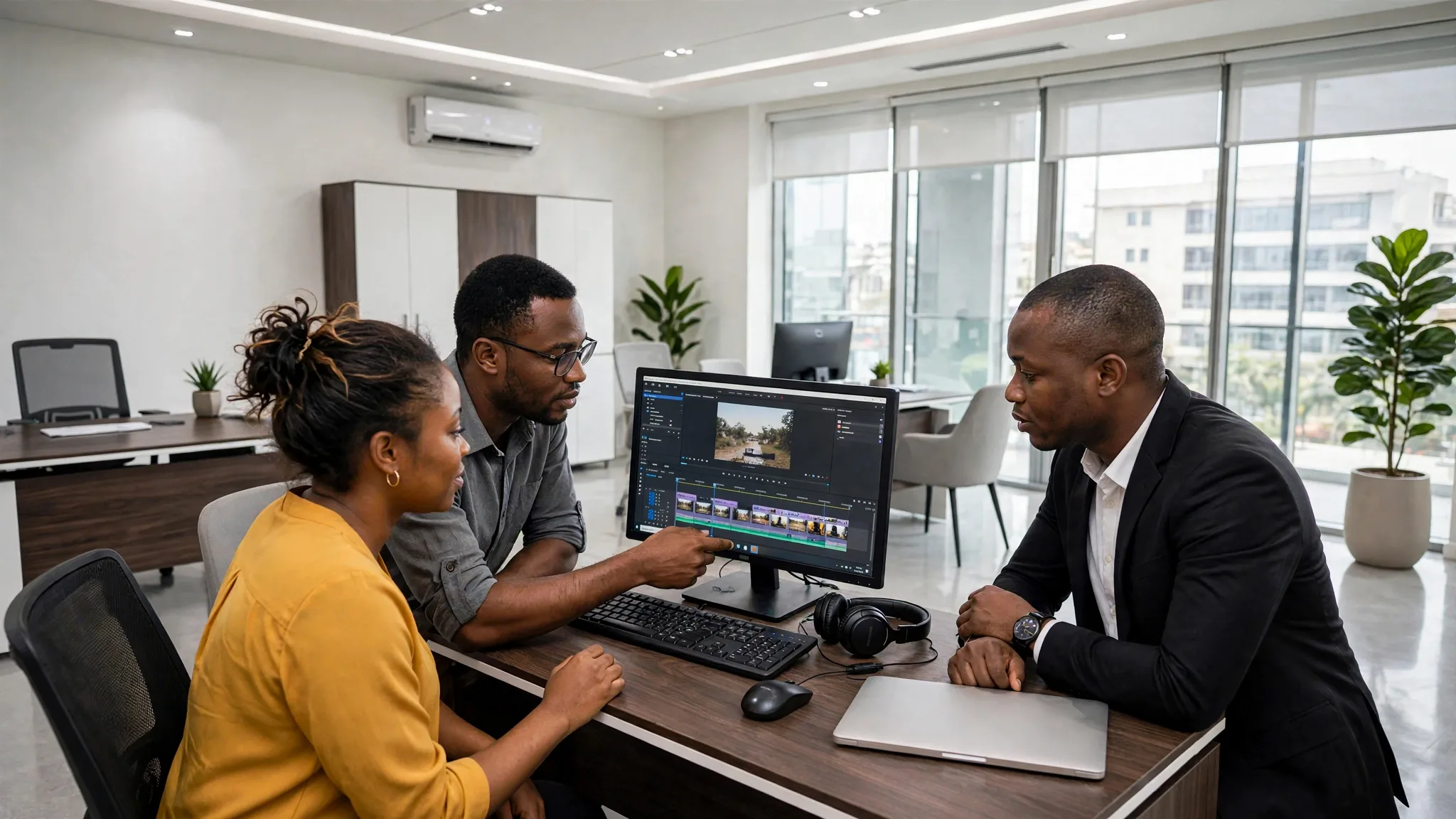 Executive interview being filmed on set during a corporate video production