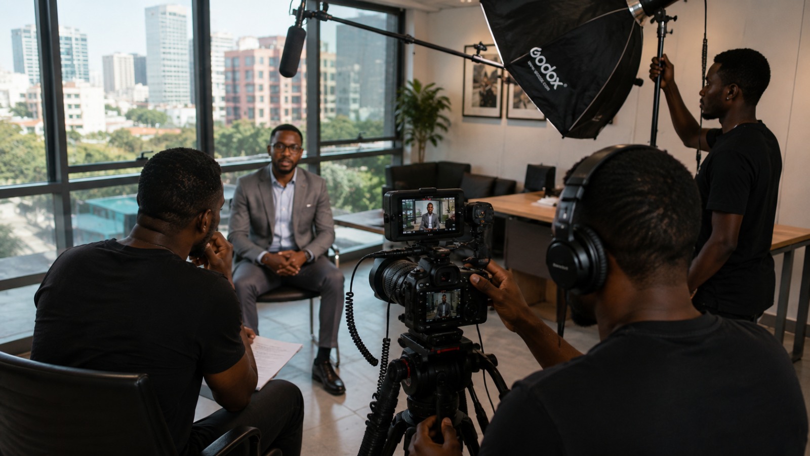 Video production crew planning a shoot on set in Lagos